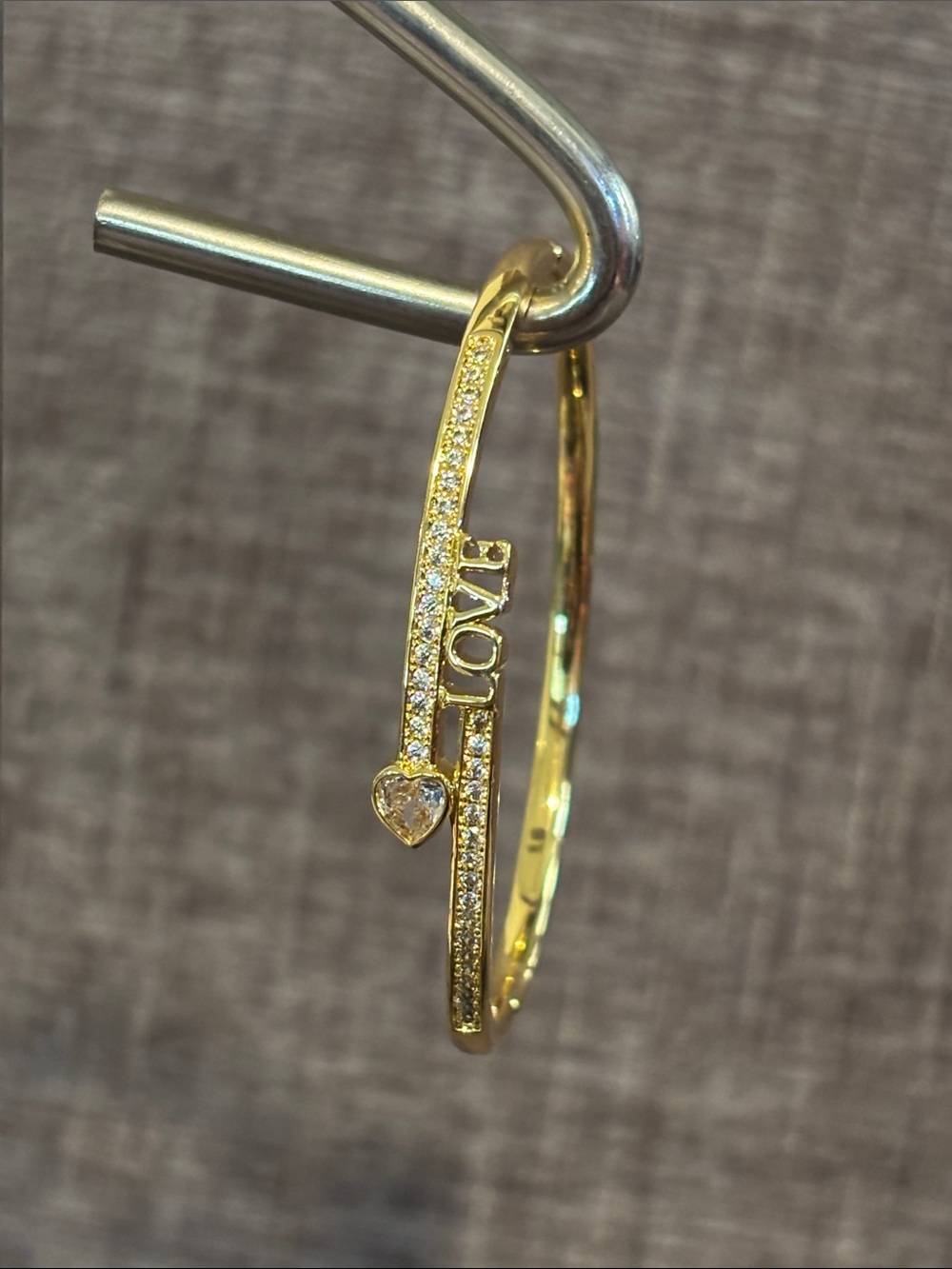 Gold 'LOVE' Heart Pave Bangle Bracelet